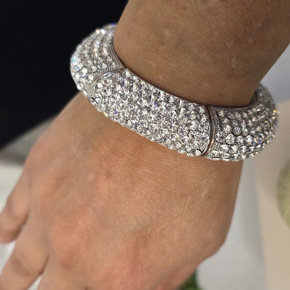 Vintage Sulver Pave-Set Rhinestone Square Stretch Bangle Bracelet - Picture 9 of 11